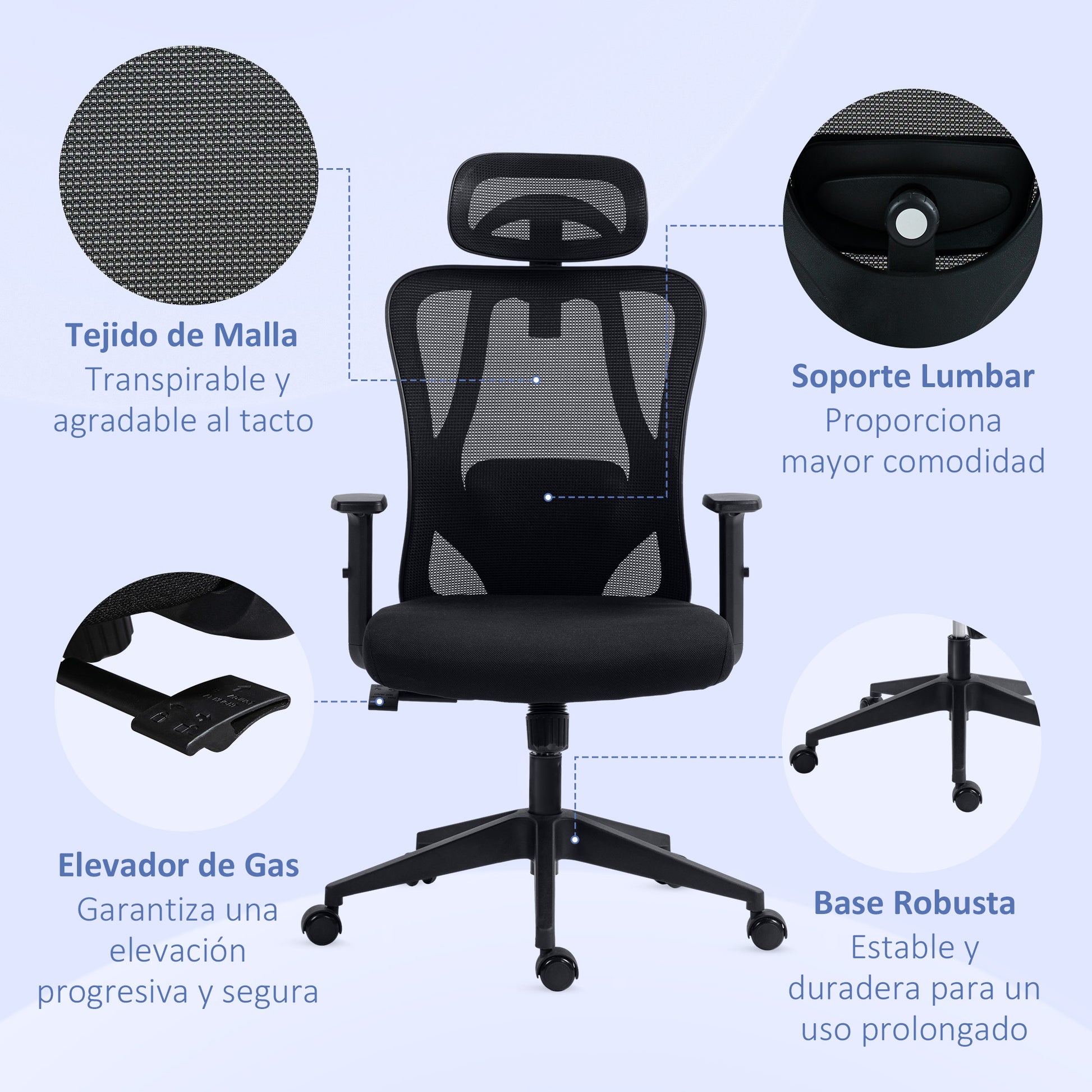 Swivel Office Chair with 2D Armrests Adjustable Height Headrest Lumbar Support and High Breathable Mesh Backrest 67x64x117-127 cm Black
