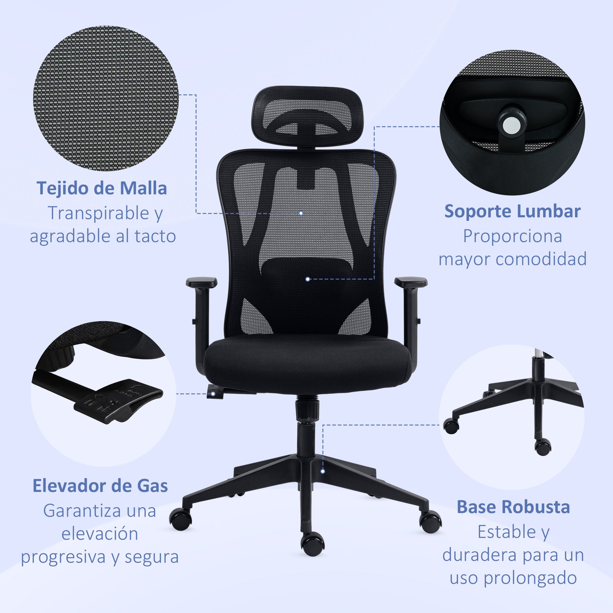Swivel Office Chair with 2D Armrests Adjustable Height Headrest Lumbar Support and High Breathable Mesh Backrest 67x64x117-127 cm Black