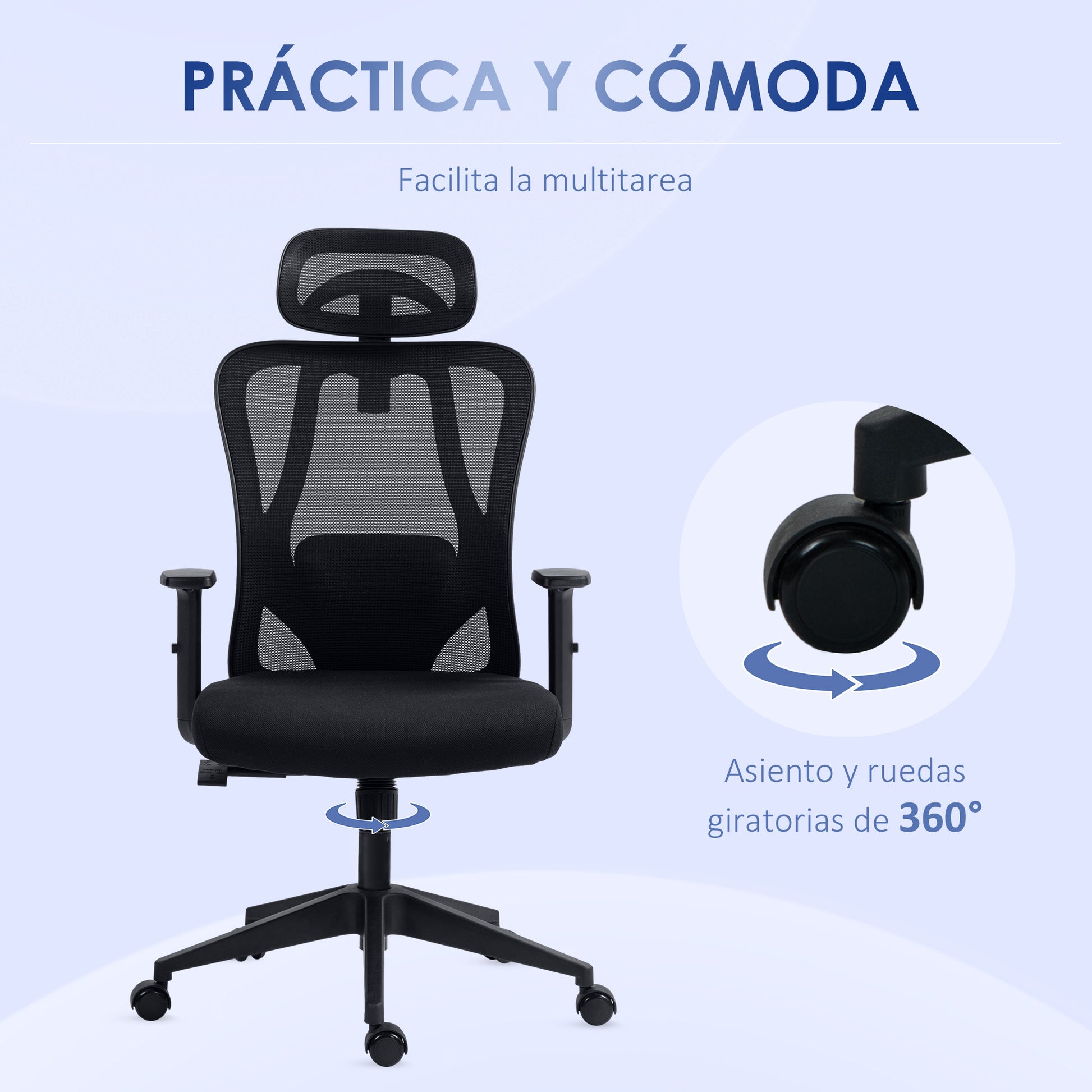 Swivel Office Chair with 2D Armrests Adjustable Height Headrest Lumbar Support and High Breathable Mesh Backrest 67x64x117-127 cm Black