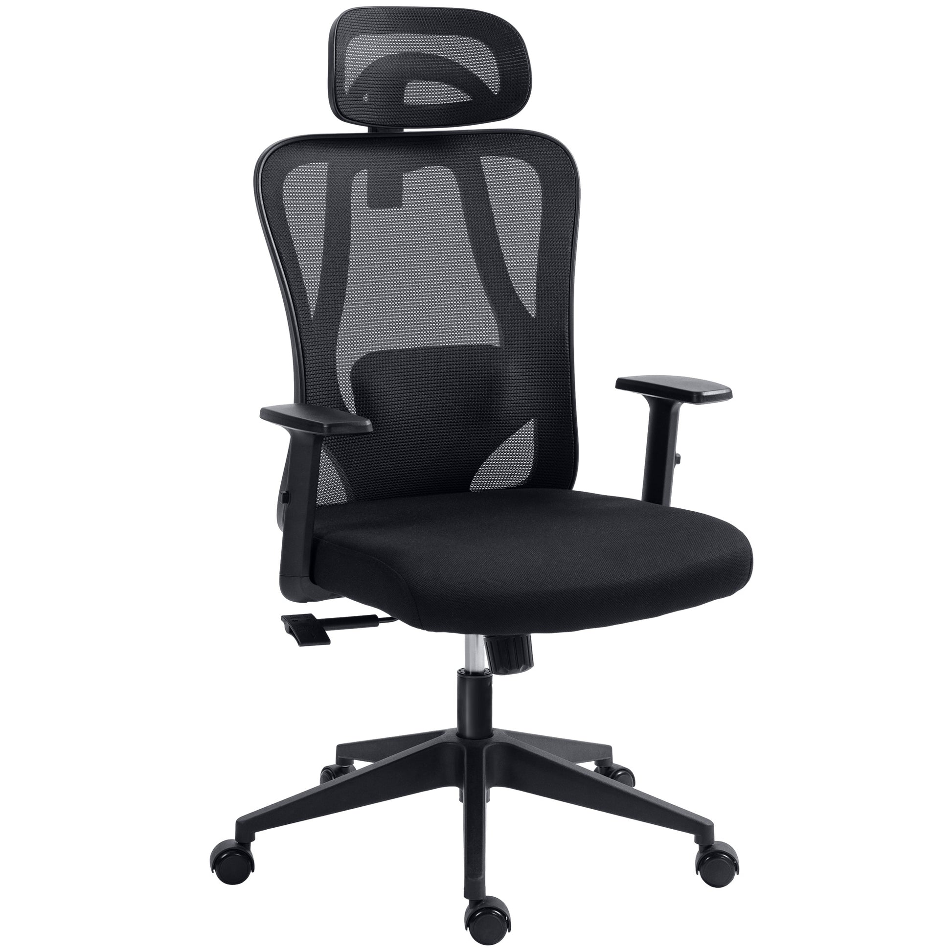Swivel Office Chair with 2D Armrests Adjustable Height Headrest Lumbar Support and High Breathable Mesh Backrest 67x64x117-127 cm Black