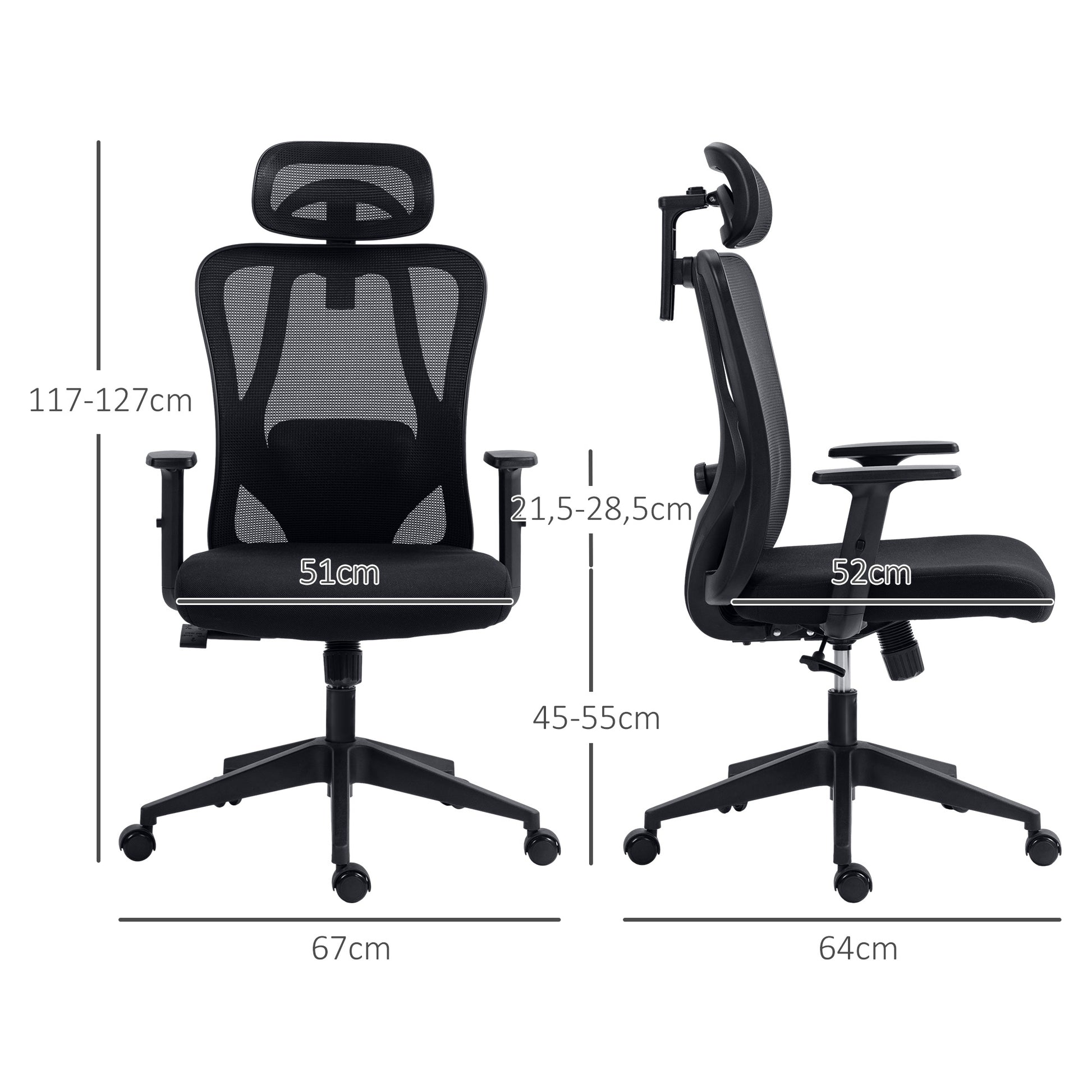 Swivel Office Chair with 2D Armrests Adjustable Height Headrest Lumbar Support and High Breathable Mesh Backrest 67x64x117-127 cm Black