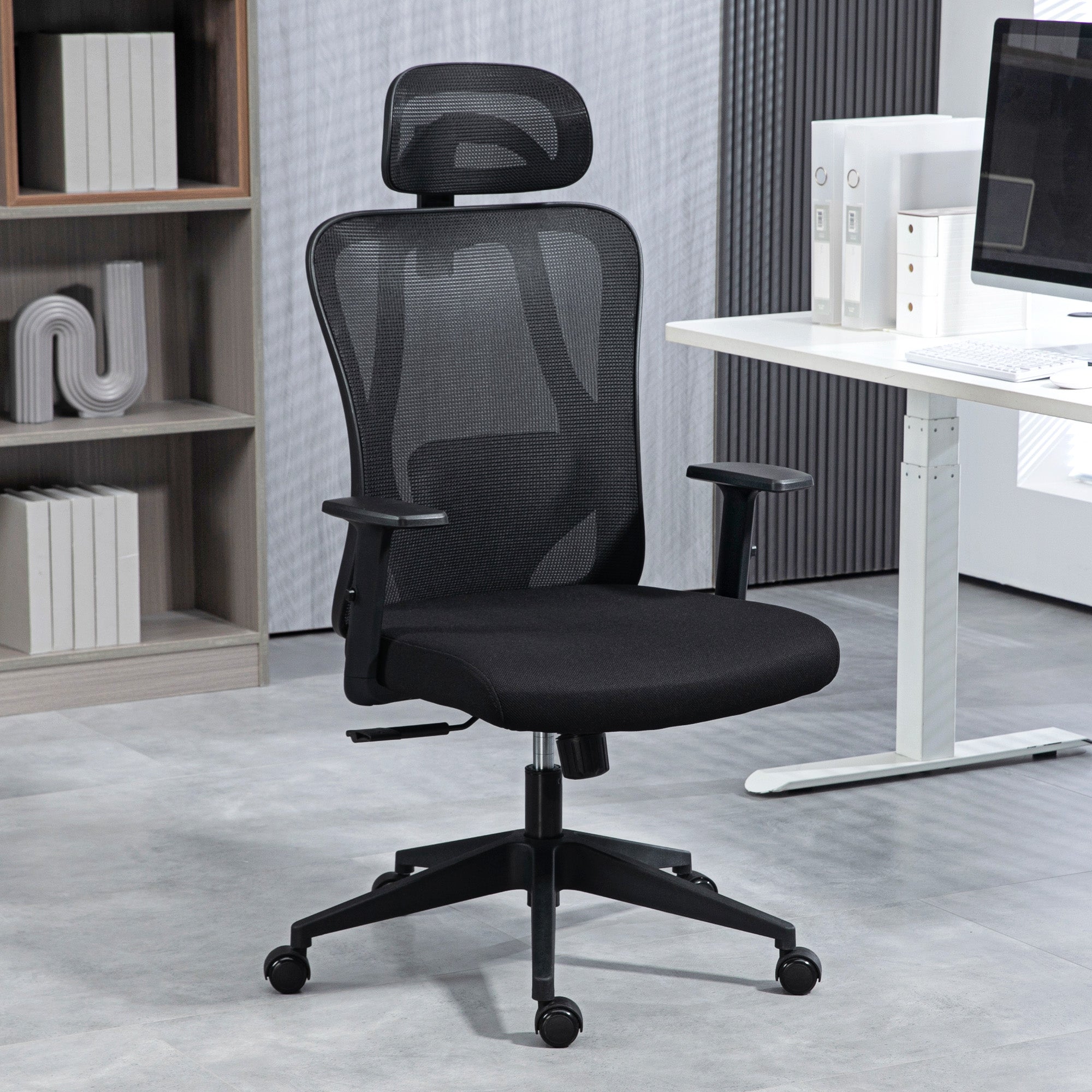 Swivel Office Chair with 2D Armrests Adjustable Height Headrest Lumbar Support and High Breathable Mesh Backrest 67x64x117-127 cm Black
