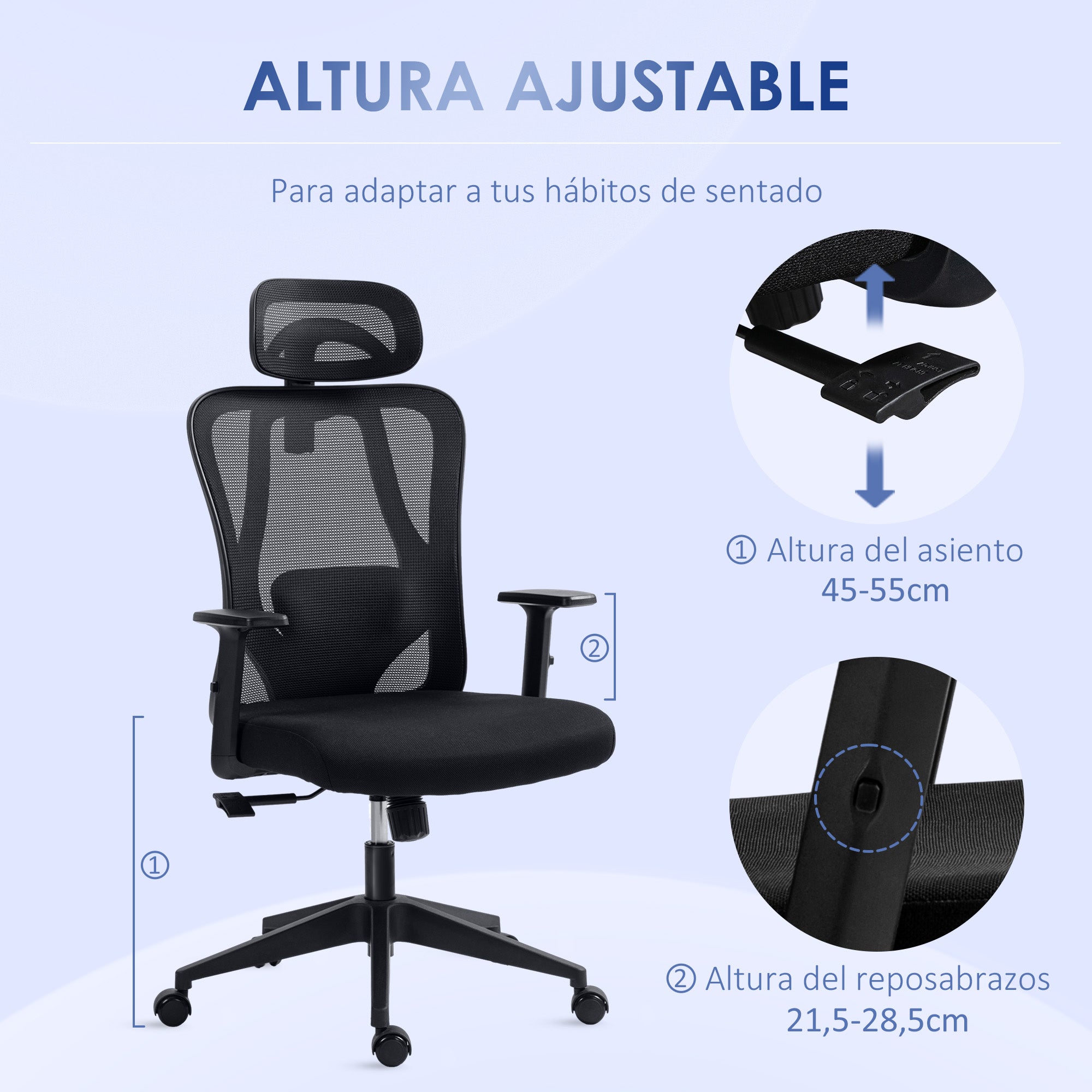 Swivel Office Chair with 2D Armrests Adjustable Height Headrest Lumbar Support and High Breathable Mesh Backrest 67x64x117-127 cm Black