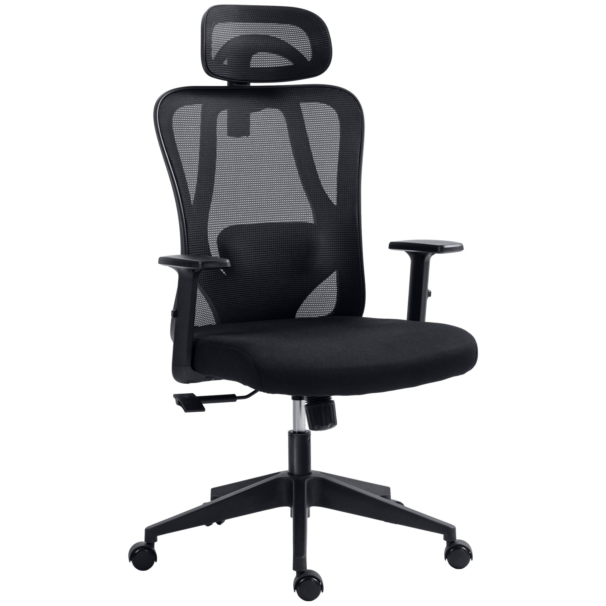 Swivel Office Chair with 2D Armrests Adjustable Height Headrest Lumbar Support and High Breathable Mesh Backrest 67x64x117-127 cm Black