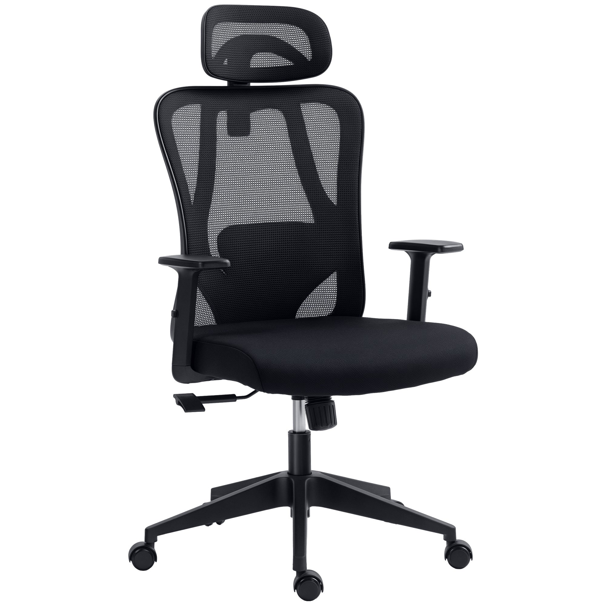 Swivel Office Chair with 2D Armrests Adjustable Height Headrest Lumbar Support and High Breathable Mesh Backrest 67x64x117-127 cm Black