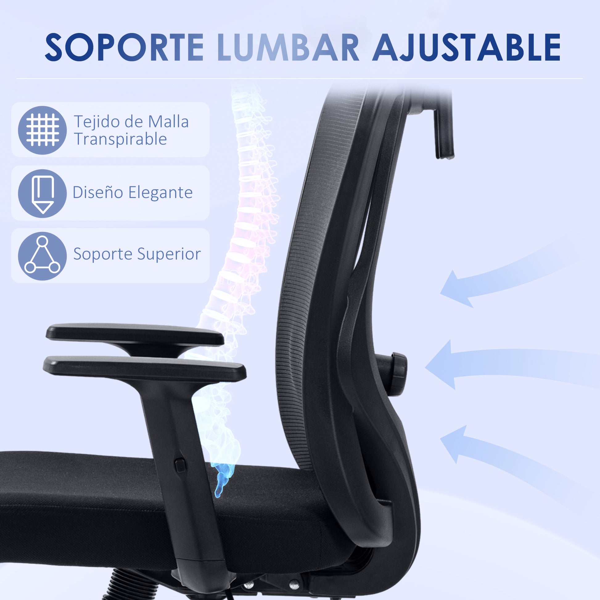 Swivel Office Chair with 2D Armrests Adjustable Height Headrest Lumbar Support and High Breathable Mesh Backrest 67x64x117-127 cm Black
