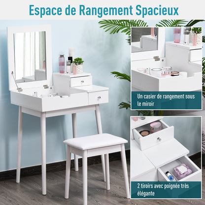 Makeup Vanity Table with Foldable Mirror Chest + 2 Drawers MDF Solid Pine Wood White