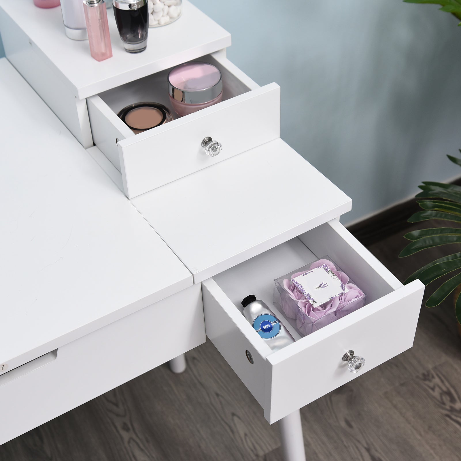 Makeup Vanity Table with Foldable Mirror Chest + 2 Drawers MDF Solid Pine Wood White