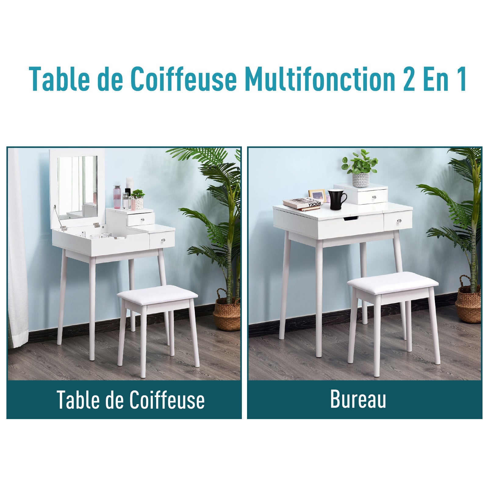 Makeup Vanity Table with Foldable Mirror Chest + 2 Drawers MDF Solid Pine Wood White