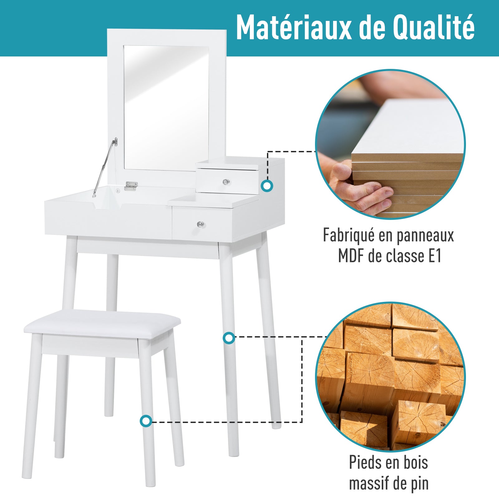 Makeup Vanity Table with Foldable Mirror Chest + 2 Drawers MDF Solid Pine Wood White