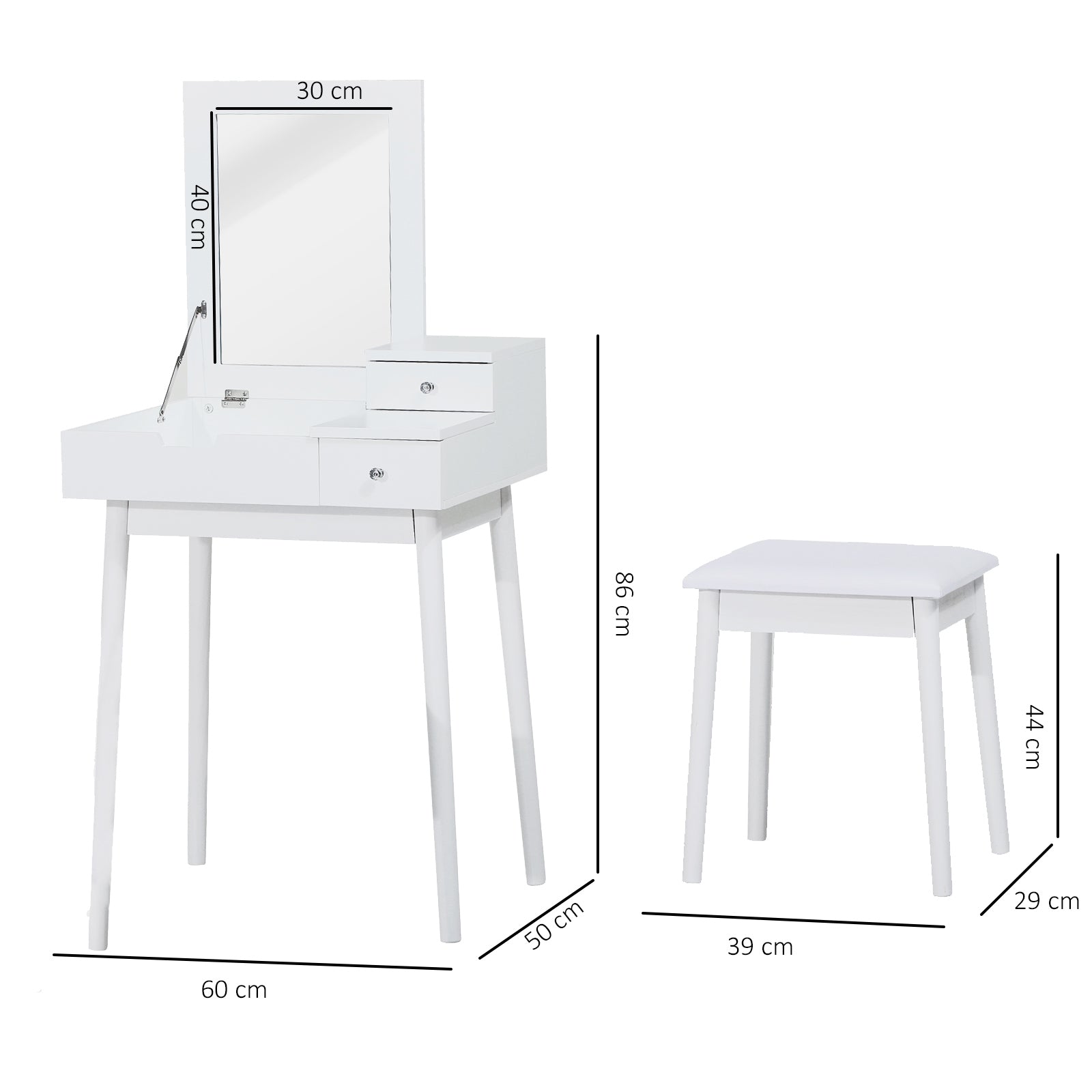Makeup Vanity Table with Foldable Mirror Chest + 2 Drawers MDF Solid Pine Wood White