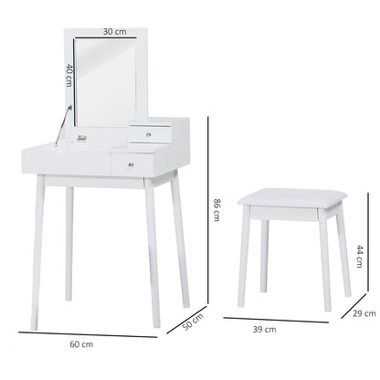Makeup Vanity Table with Foldable Mirror Chest + 2 Drawers MDF Solid Pine Wood White