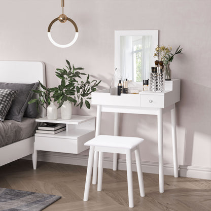 Makeup Vanity Table with Foldable Mirror Chest + 2 Drawers MDF Solid Pine Wood White