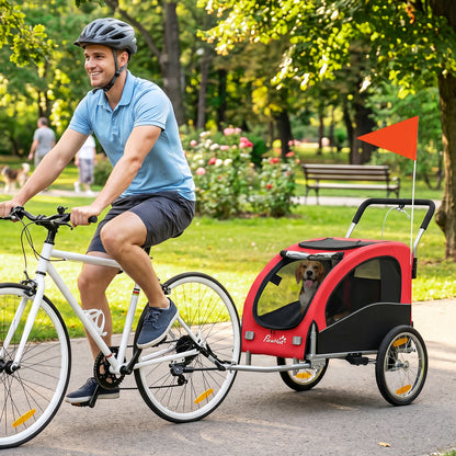 2-in-1 Dog Bike Trailer & Stroller for Medium Dogs with Suspension, Quick-Release Wheels, Reflectors, Large Mesh Windows, Hand Brake, Safety Flag — Red