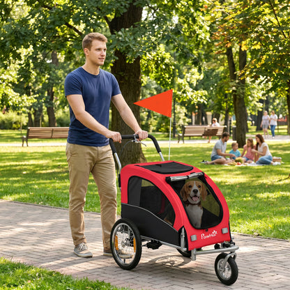 2-in-1 Dog Bike Trailer & Stroller for Medium Dogs with Suspension, Quick-Release Wheels, Reflectors, Large Mesh Windows, Hand Brake, Safety Flag — Red