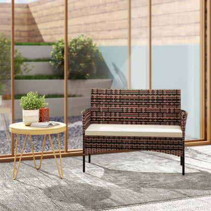 2‑Seater Rattan Garden Sofa with Cushions — Weather‑Resistant Outdoor Couch for Patio, Balcony, Khaki