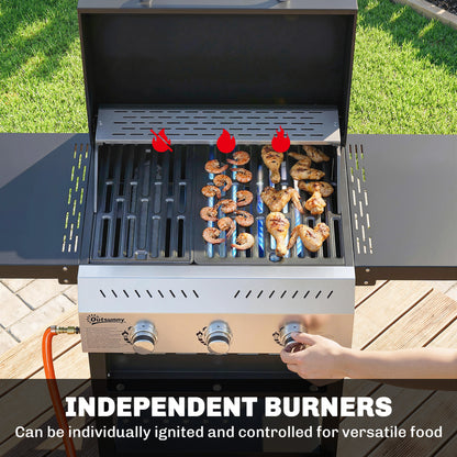 9 kW (≈30,700 BTU) 3-Burner Stainless Steel Gas Grill Cart — Foldable Side Shelves, Spice Rack, Warming Rack, Enamel Grates, Wheels