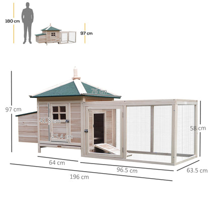 Chicken Coop for Bantam Chickens 196 x 76 x 97 cm Chicken House with Nesting Box, Outdoor Run Perch, Small Animal Hutch made of Wood, Natural