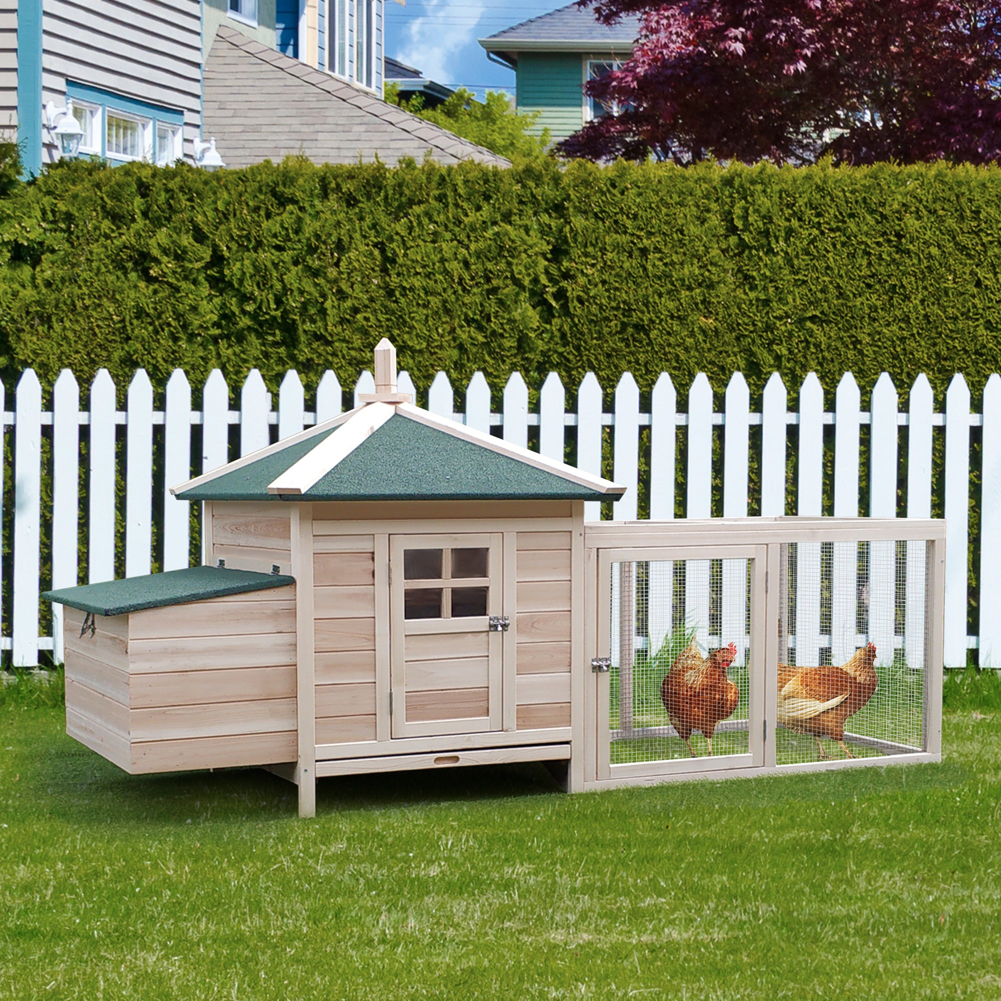 Chicken Coop for Bantam Chickens 196 x 76 x 97 cm Chicken House with Nesting Box, Outdoor Run Perch, Small Animal Hutch made of Wood, Natural