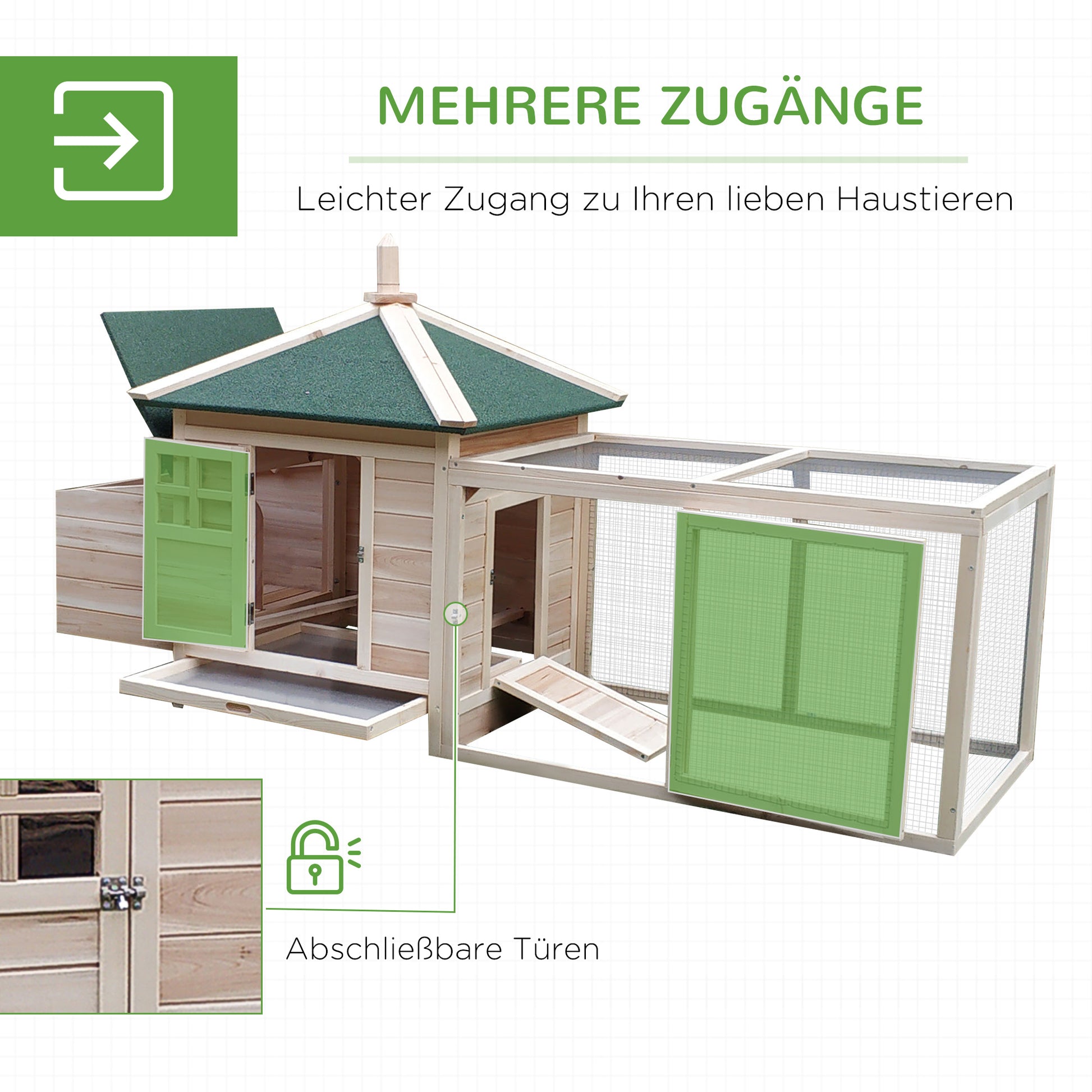 Chicken Coop for Bantam Chickens 196 x 76 x 97 cm Chicken House with Nesting Box, Outdoor Run Perch, Small Animal Hutch made of Wood, Natural