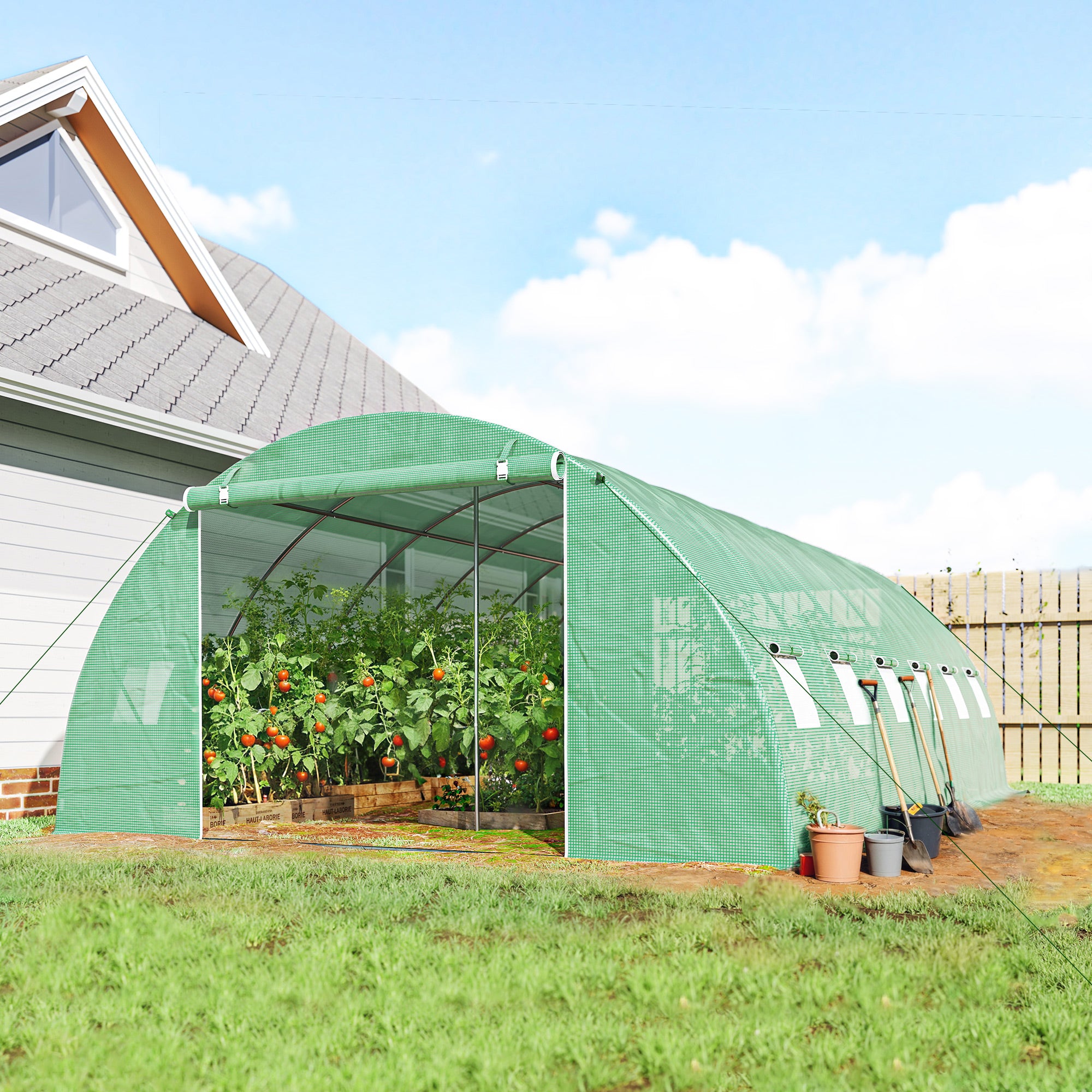Outdoor Greenhouse 6 x 4 x 2 m (19.7 x 13.1 x 6.6 ft) Tunnel Greenhouse with 2 Support Bars, Roll-Up Doors, Mesh Windows, PE Cover & Galvanized Steel Frame, UV-Proof, Waterproof, Green