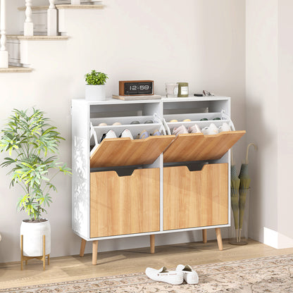 4-Flap Shoe Cabinet, Shoe Storage Cabinet for 16 Pairs, with Adjustable Shelf, Solid Wood Feet, Shoe Organizer, High Capacity for Hallway, Entryway, 95 x 26 x 95 cm, White