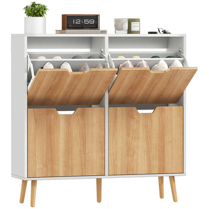 4-Flap Shoe Cabinet, Shoe Storage Cabinet for 16 Pairs, with Adjustable Shelf, Solid Wood Feet, Shoe Organizer, High Capacity for Hallway, Entryway, 95 x 26 x 95 cm, White