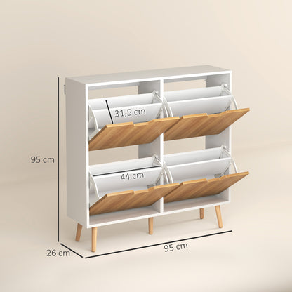 4-Flap Shoe Cabinet, Shoe Storage Cabinet for 16 Pairs, with Adjustable Shelf, Solid Wood Feet, Shoe Organizer, High Capacity for Hallway, Entryway, 95 x 26 x 95 cm, White