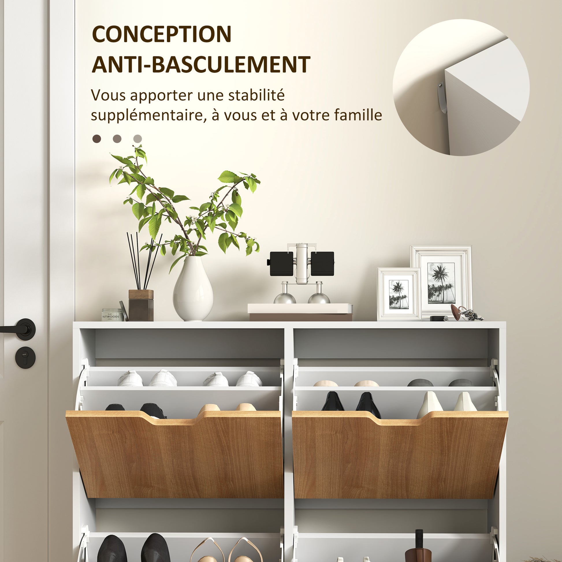 4-Flap Shoe Cabinet, Shoe Storage Cabinet for 16 Pairs, with Adjustable Shelf, Solid Wood Feet, Shoe Organizer, High Capacity for Hallway, Entryway, 95 x 26 x 95 cm, White
