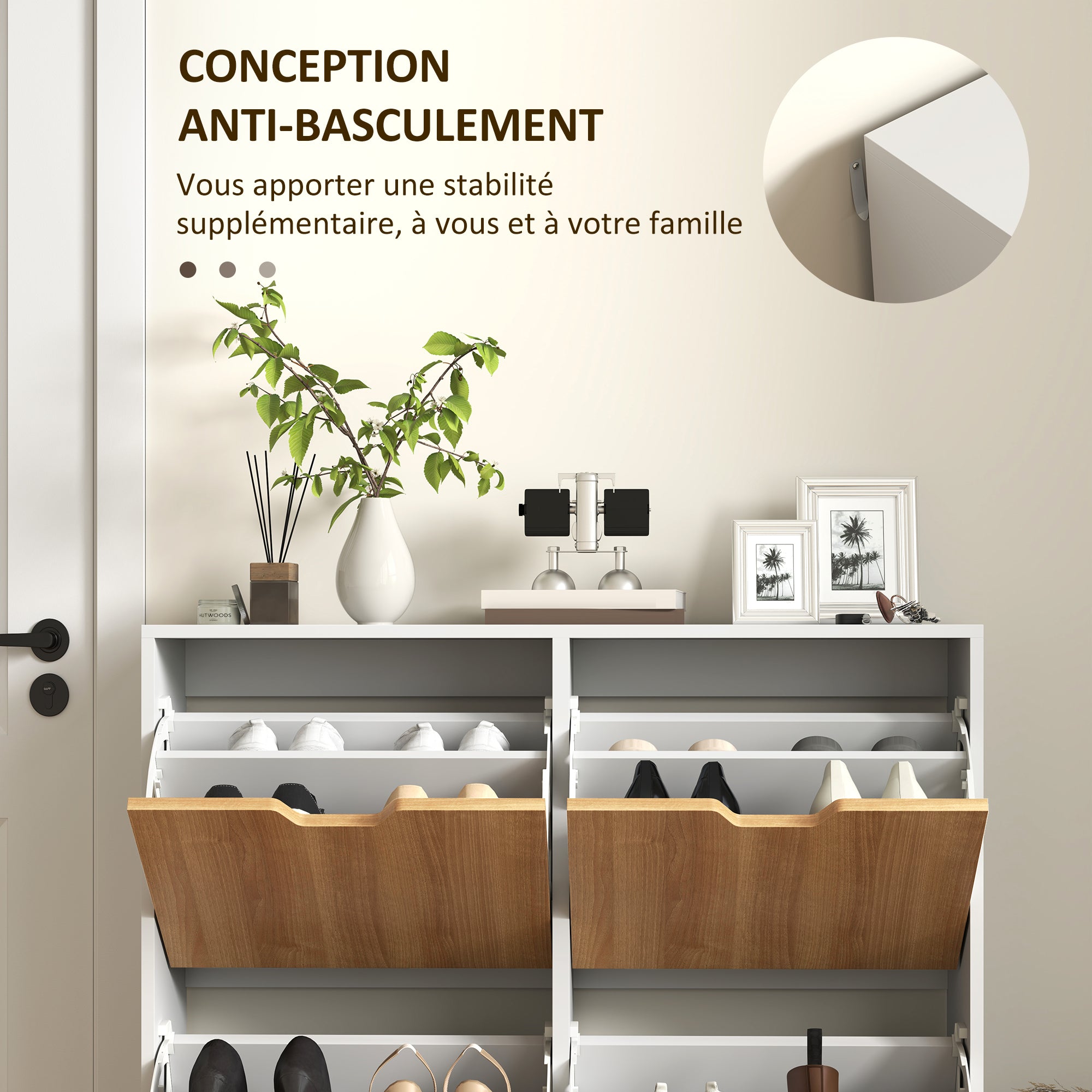 4-Flap Shoe Cabinet, Shoe Storage Cabinet for 16 Pairs, with Adjustable Shelf, Solid Wood Feet, Shoe Organizer, High Capacity for Hallway, Entryway, 95 x 26 x 95 cm, White