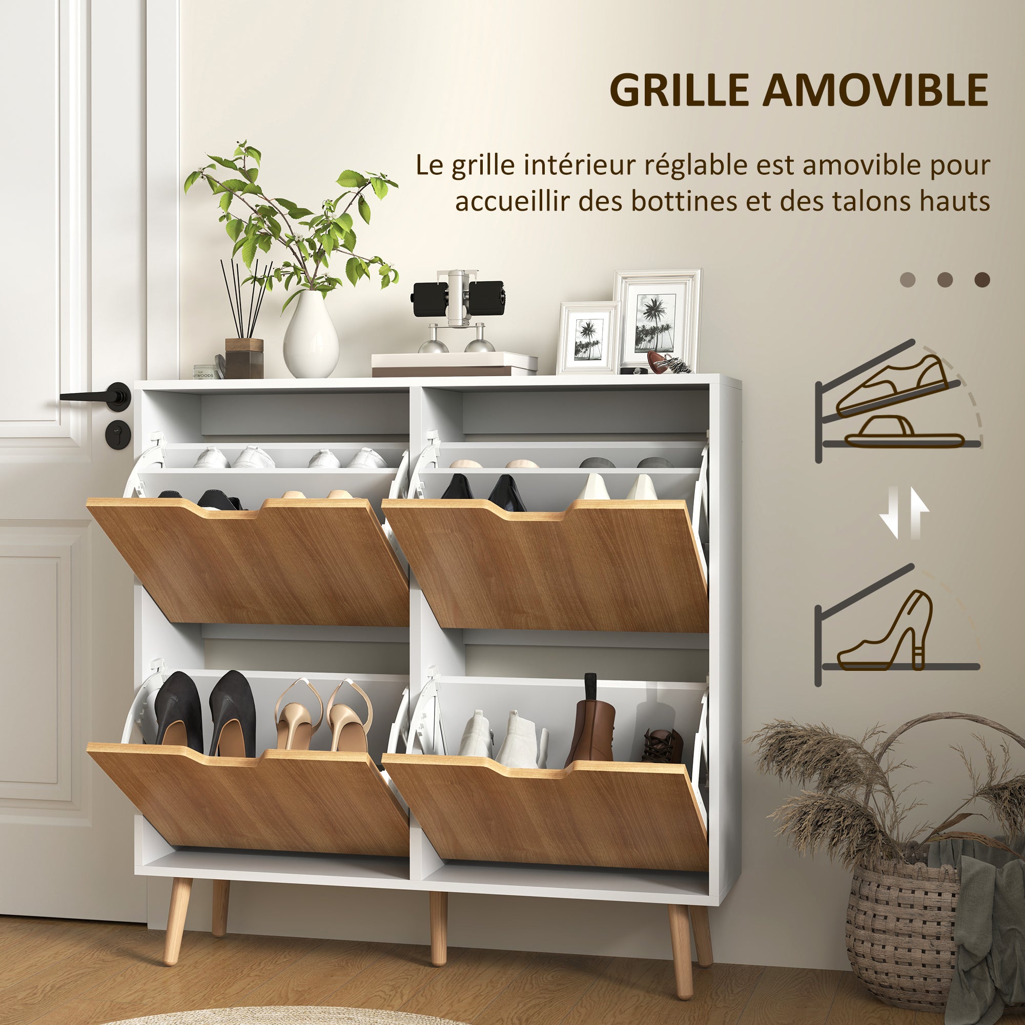 4-Flap Shoe Cabinet, Shoe Storage Cabinet for 16 Pairs, with Adjustable Shelf, Solid Wood Feet, Shoe Organizer, High Capacity for Hallway, Entryway, 95 x 26 x 95 cm, White