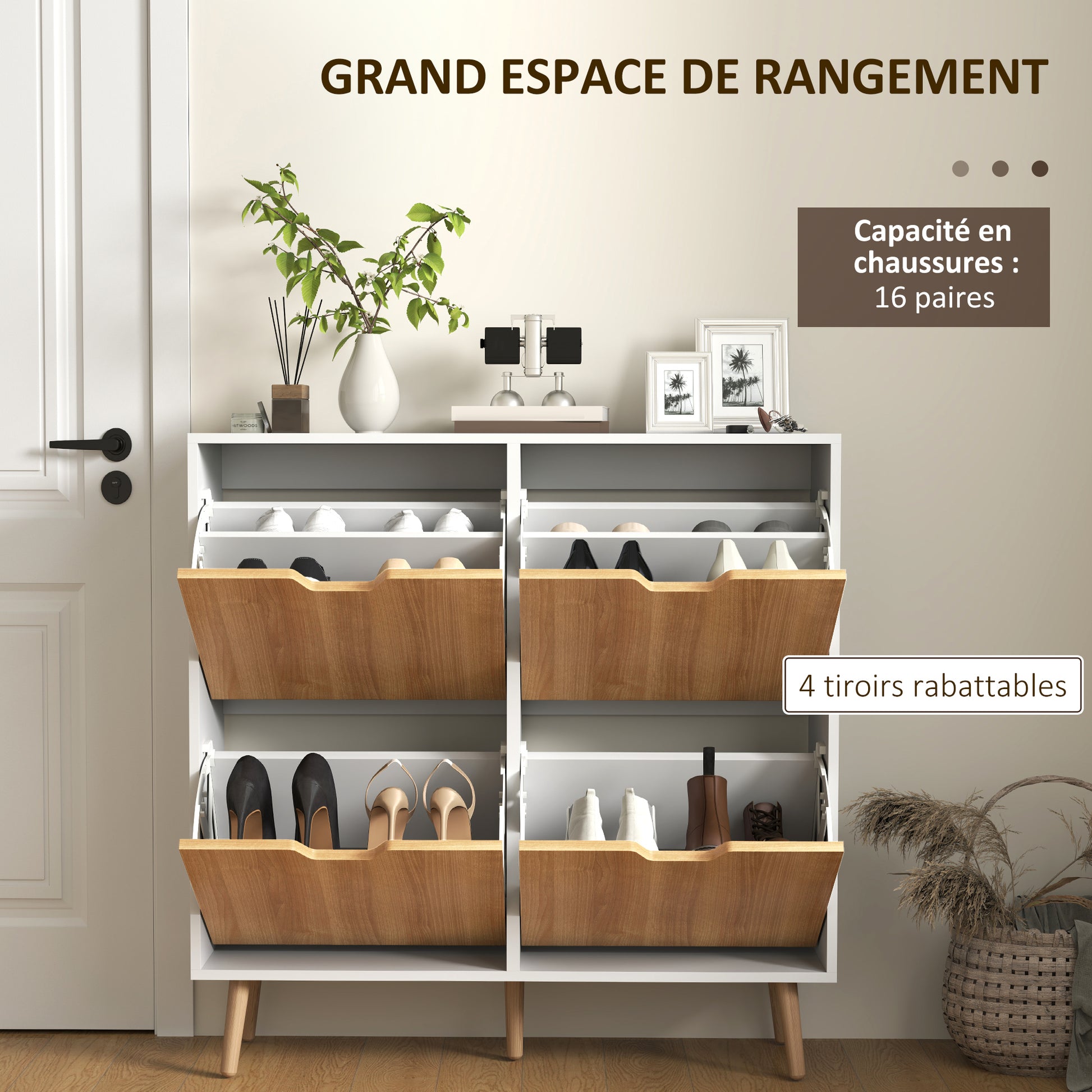 4-Flap Shoe Cabinet, Shoe Storage Cabinet for 16 Pairs, with Adjustable Shelf, Solid Wood Feet, Shoe Organizer, High Capacity for Hallway, Entryway, 95 x 26 x 95 cm, White
