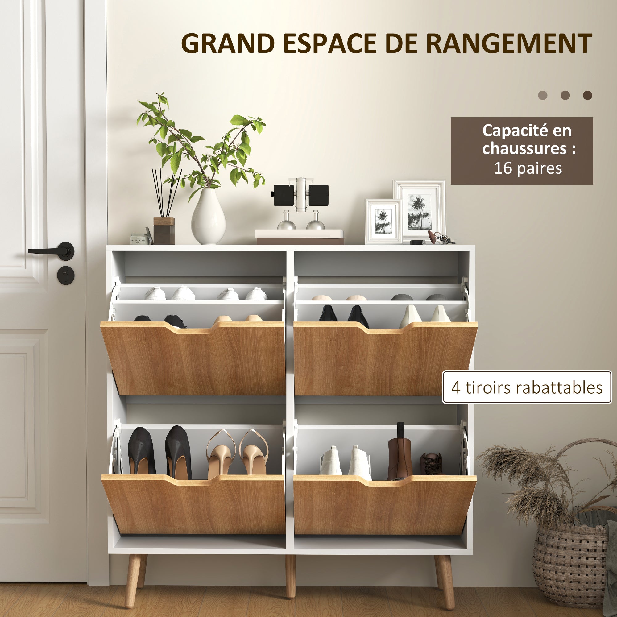 4-Flap Shoe Cabinet, Shoe Storage Cabinet for 16 Pairs, with Adjustable Shelf, Solid Wood Feet, Shoe Organizer, High Capacity for Hallway, Entryway, 95 x 26 x 95 cm, White