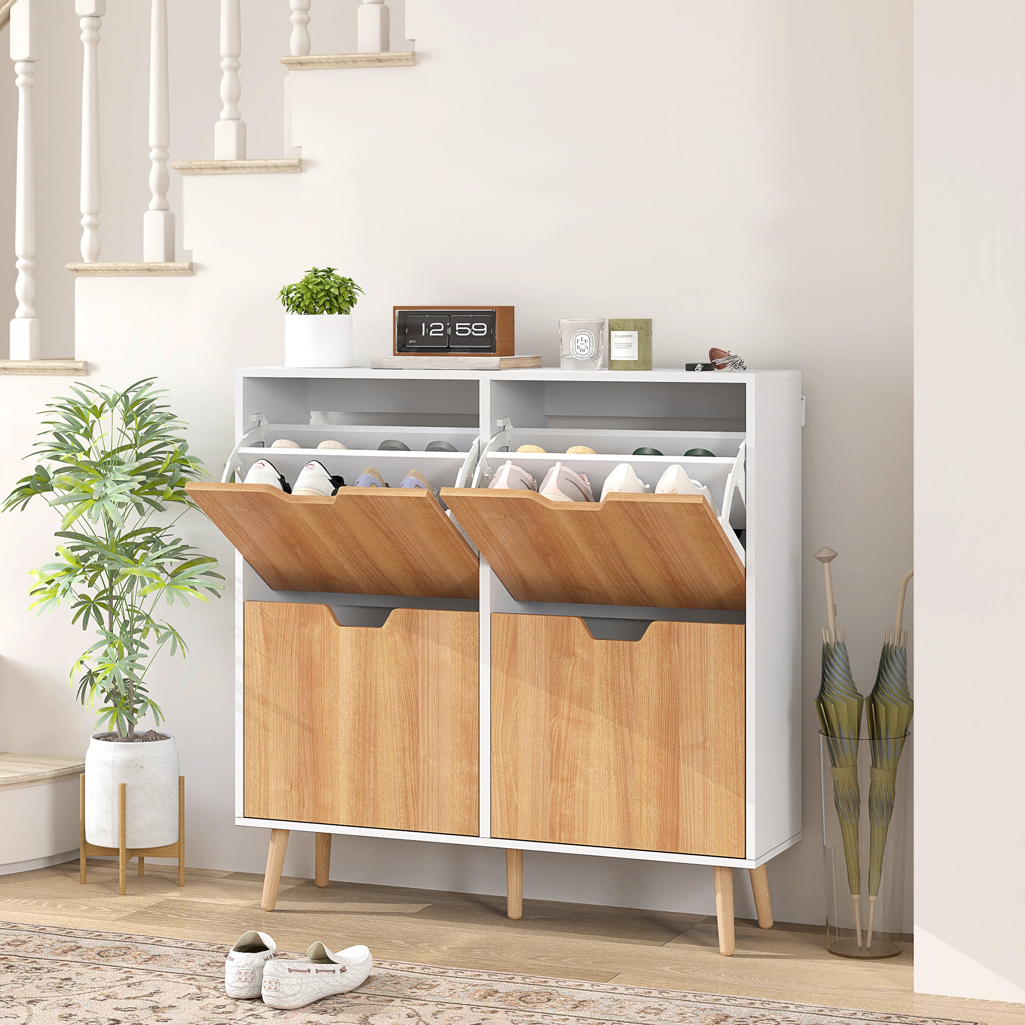 4-Flap Shoe Cabinet, Shoe Storage Cabinet for 16 Pairs, with Adjustable Shelf, Solid Wood Feet, Shoe Organizer, High Capacity for Hallway, Entryway, 95 x 26 x 95 cm, White