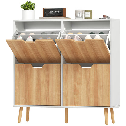 4-Flap Shoe Cabinet, Shoe Storage Cabinet for 16 Pairs, with Adjustable Shelf, Solid Wood Feet, Shoe Organizer, High Capacity for Hallway, Entryway, 95 x 26 x 95 cm, White