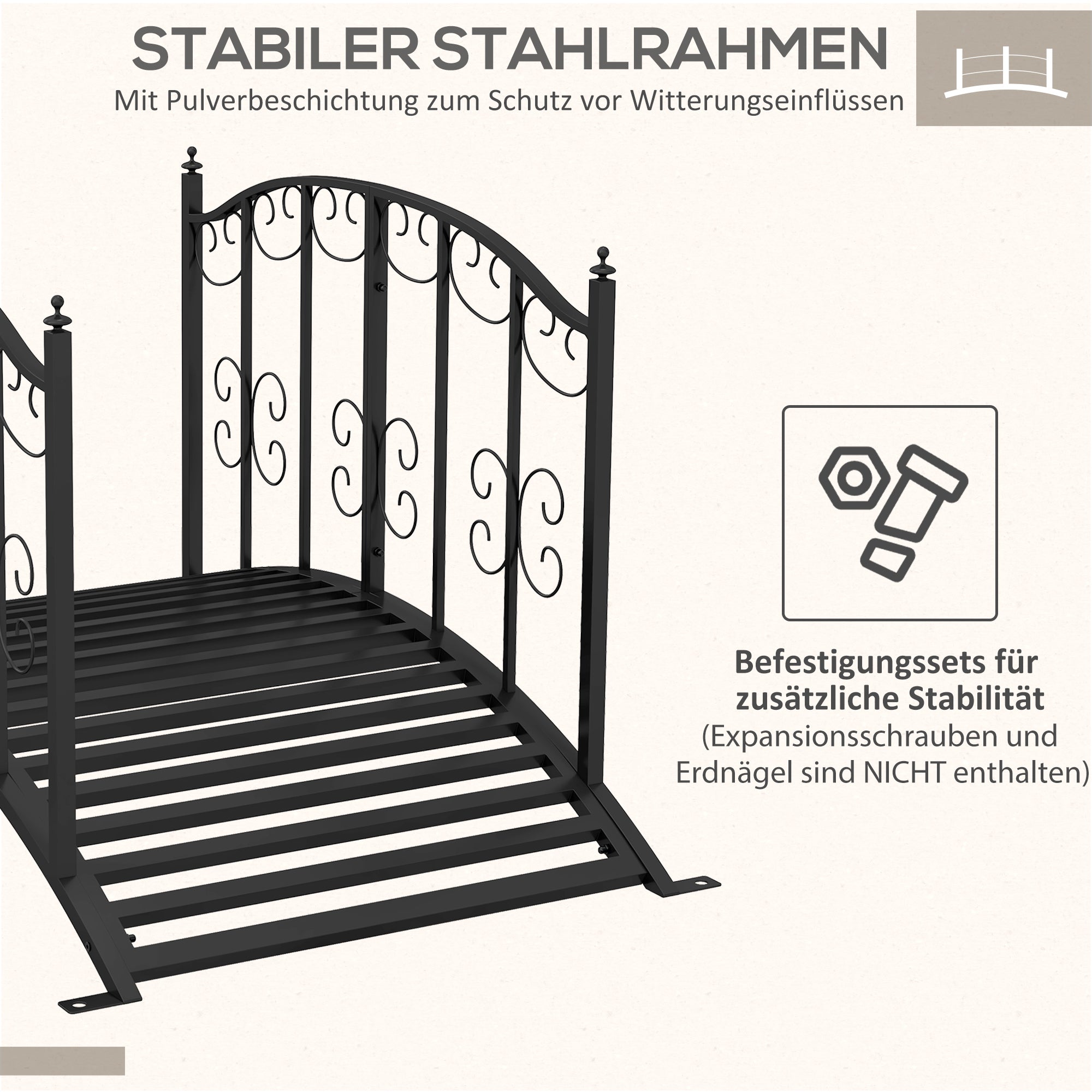 Garden Bridge Steel 1.19m Pond Bridge with Rail Decorative Bridge with Flower Pattern Decorative Bridge up to 120kg for Balcony, Terrace, Black