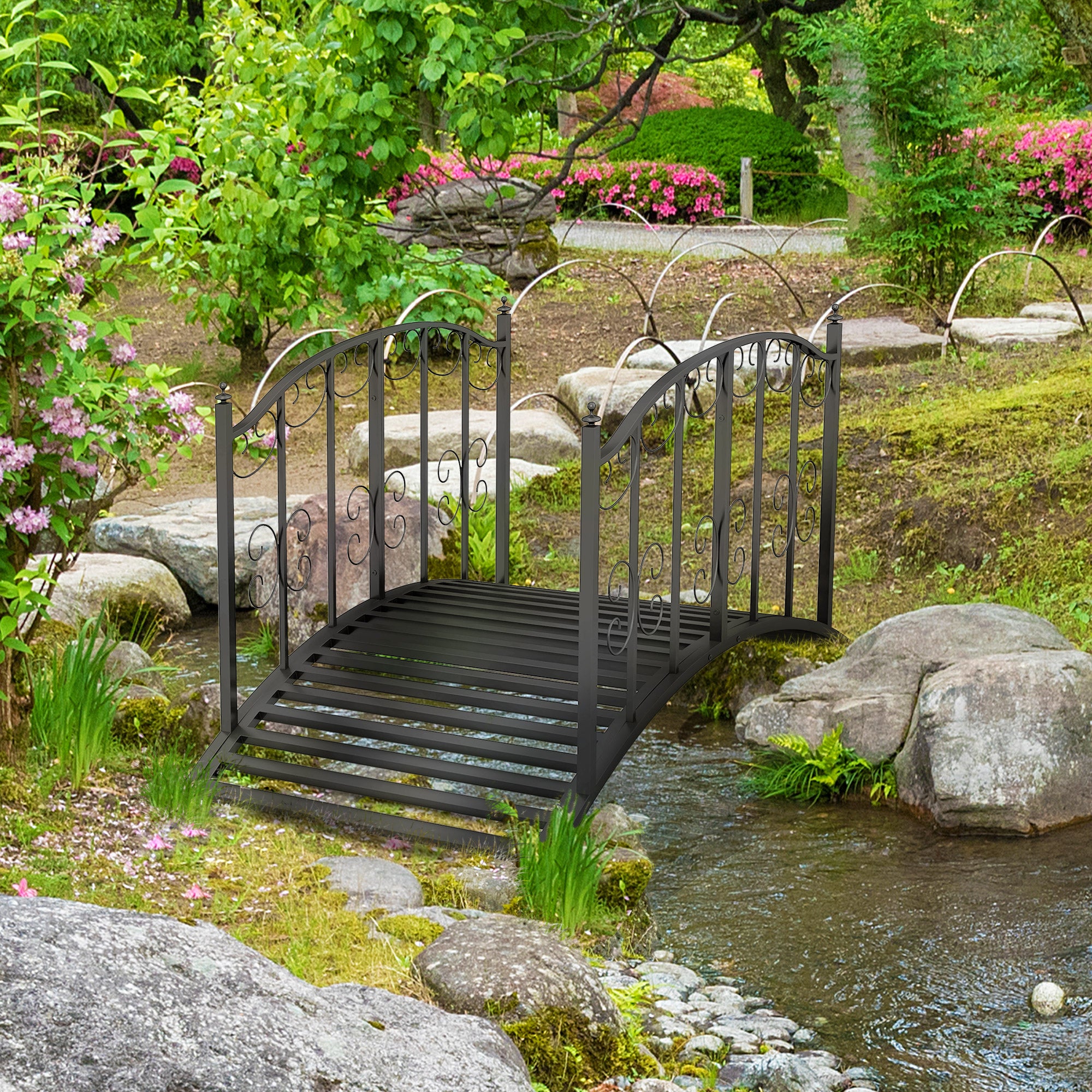 Garden Bridge Steel 1.19m Pond Bridge with Rail Decorative Bridge with Flower Pattern Decorative Bridge up to 120kg for Balcony, Terrace, Black