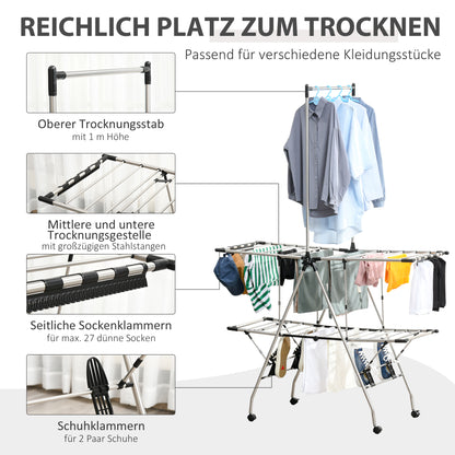 Clothes Drying Rack 1.385 m Drying Length Portable Clothes Stand with Telescopic Poles, Wheels, and Brakes Laundry Dryer Winged Clothes Rack for Indoor and Outdoor Use, Silver+Black