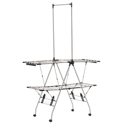 Clothes Drying Rack 1.385 m Drying Length Portable Clothes Stand with Telescopic Poles, Wheels, and Brakes Laundry Dryer Winged Clothes Rack for Indoor and Outdoor Use, Silver+Black