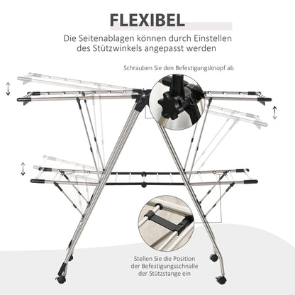 Clothes Drying Rack 1.385 m Drying Length Portable Clothes Stand with Telescopic Poles, Wheels, and Brakes Laundry Dryer Winged Clothes Rack for Indoor and Outdoor Use, Silver+Black