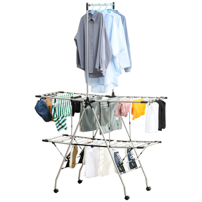 Clothes Drying Rack 1.385 m Drying Length Portable Clothes Stand with Telescopic Poles, Wheels, and Brakes Laundry Dryer Winged Clothes Rack for Indoor and Outdoor Use, Silver+Black