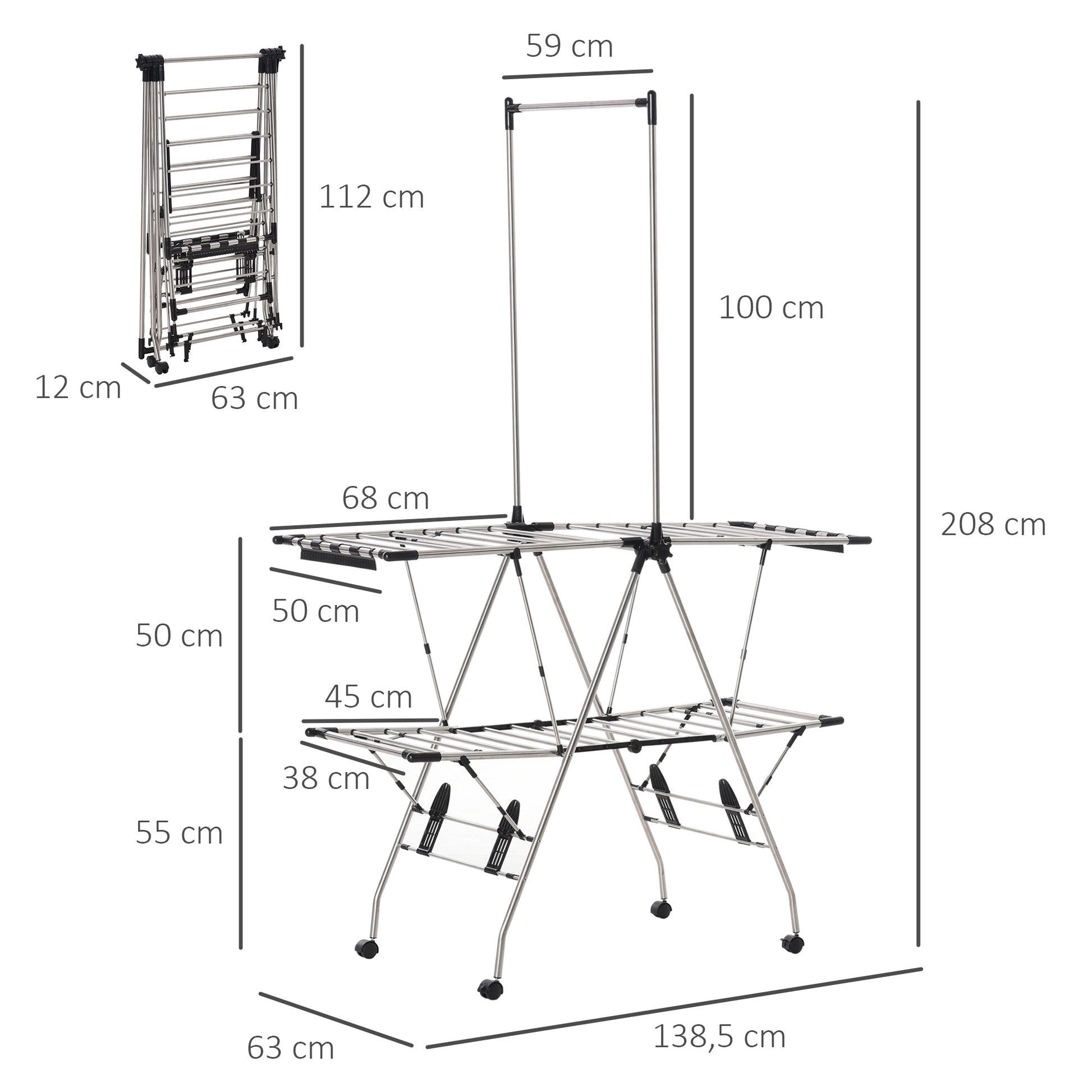 Clothes Drying Rack 1.385 m Drying Length Portable Clothes Stand with Telescopic Poles, Wheels, and Brakes Laundry Dryer Winged Clothes Rack for Indoor and Outdoor Use, Silver+Black