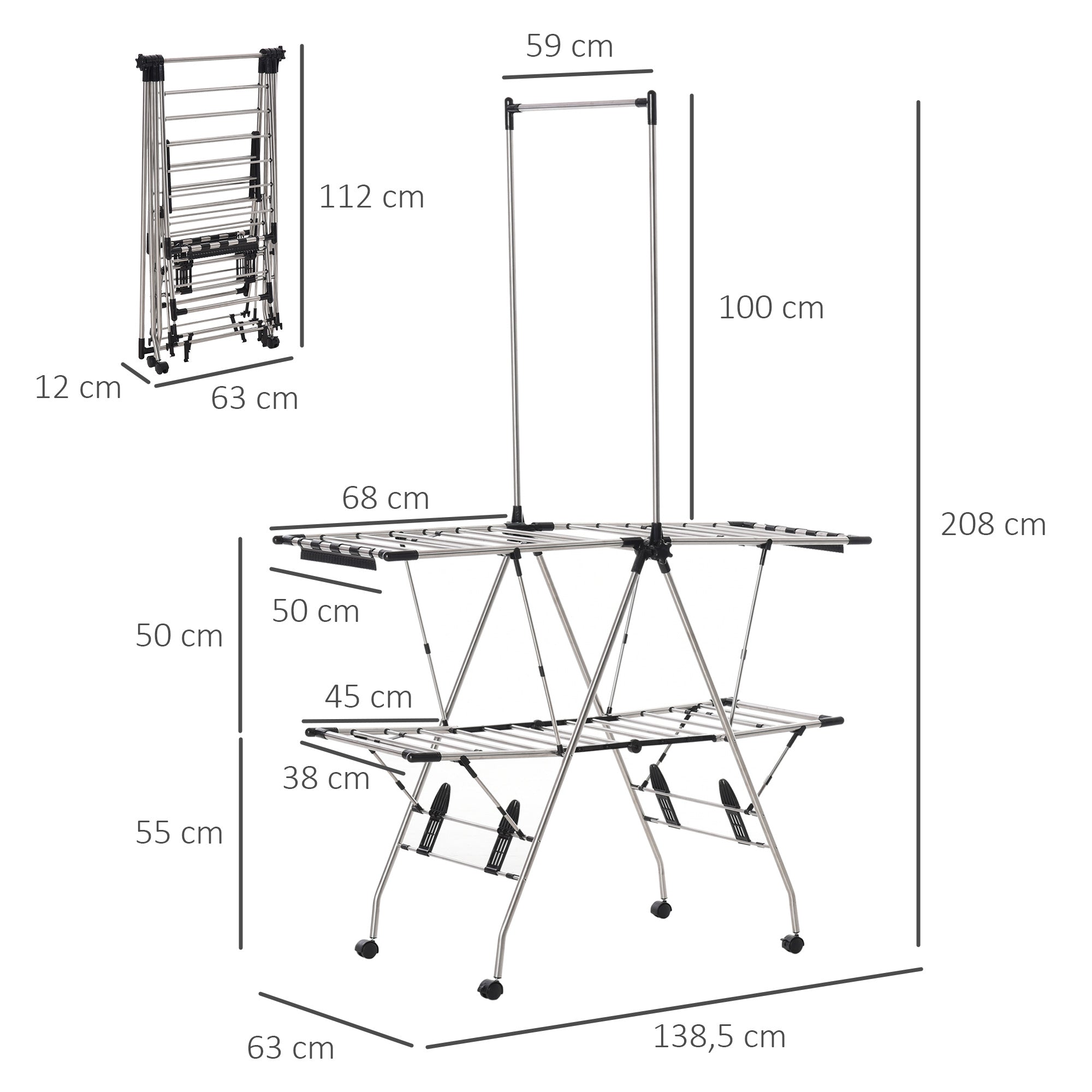 Clothes Drying Rack 1.385 m Drying Length Portable Clothes Stand with Telescopic Poles, Wheels, and Brakes Laundry Dryer Winged Clothes Rack for Indoor and Outdoor Use, Silver+Black