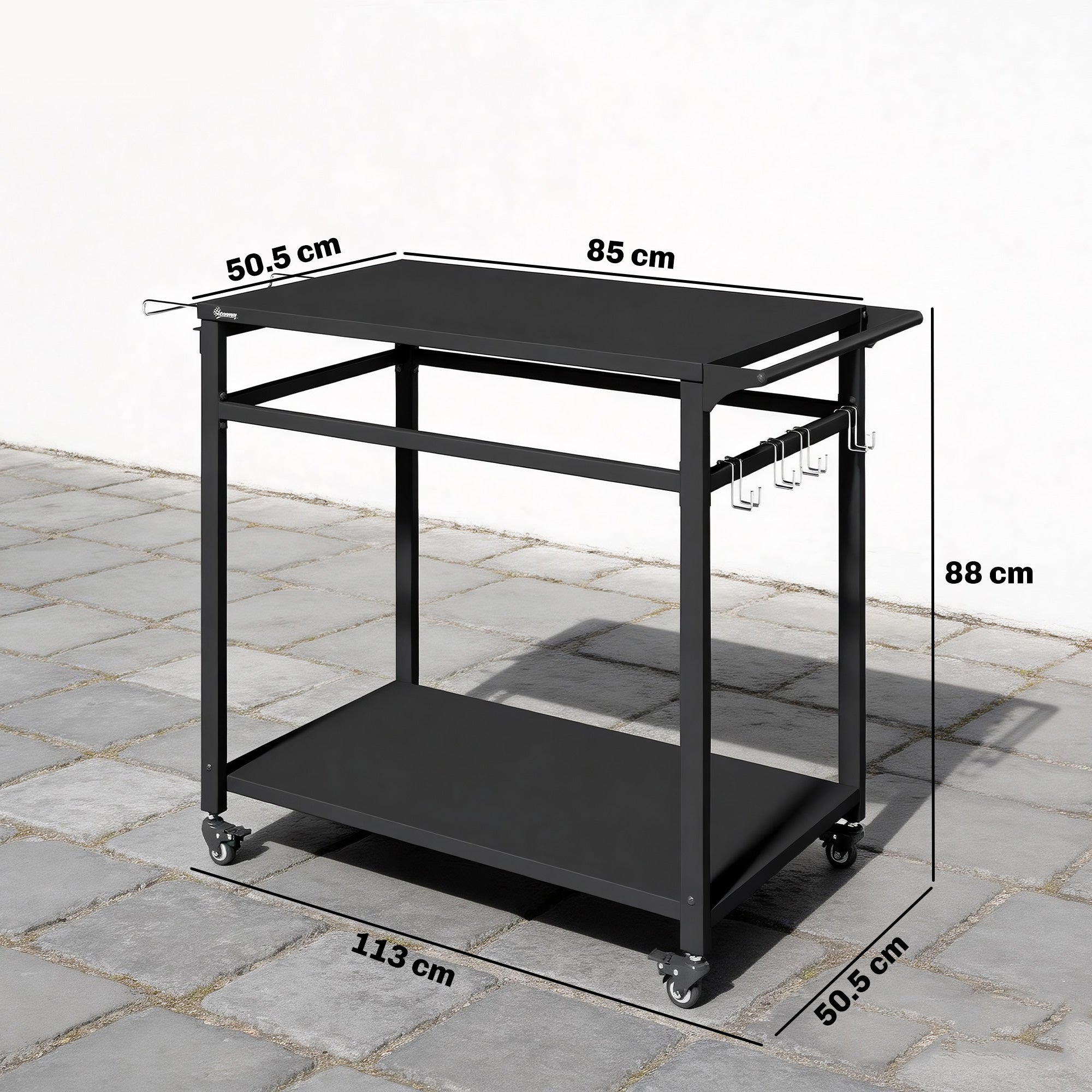 Outdoor BBQ Cart with 2 Metal Shelves, Outdoor Kitchen Table with Wheels, Handle, Trash Bag Holder & Hooks, 113 x 50.5 x 88 cm (44.5 x 19.9 x 34.6 in), Black