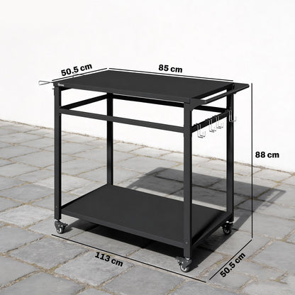 Outdoor BBQ Cart with 2 Metal Shelves, Outdoor Kitchen Table with Wheels, Handle, Trash Bag Holder & Hooks, 113 x 50.5 x 88 cm (44.5 x 19.9 x 34.6 in), Black