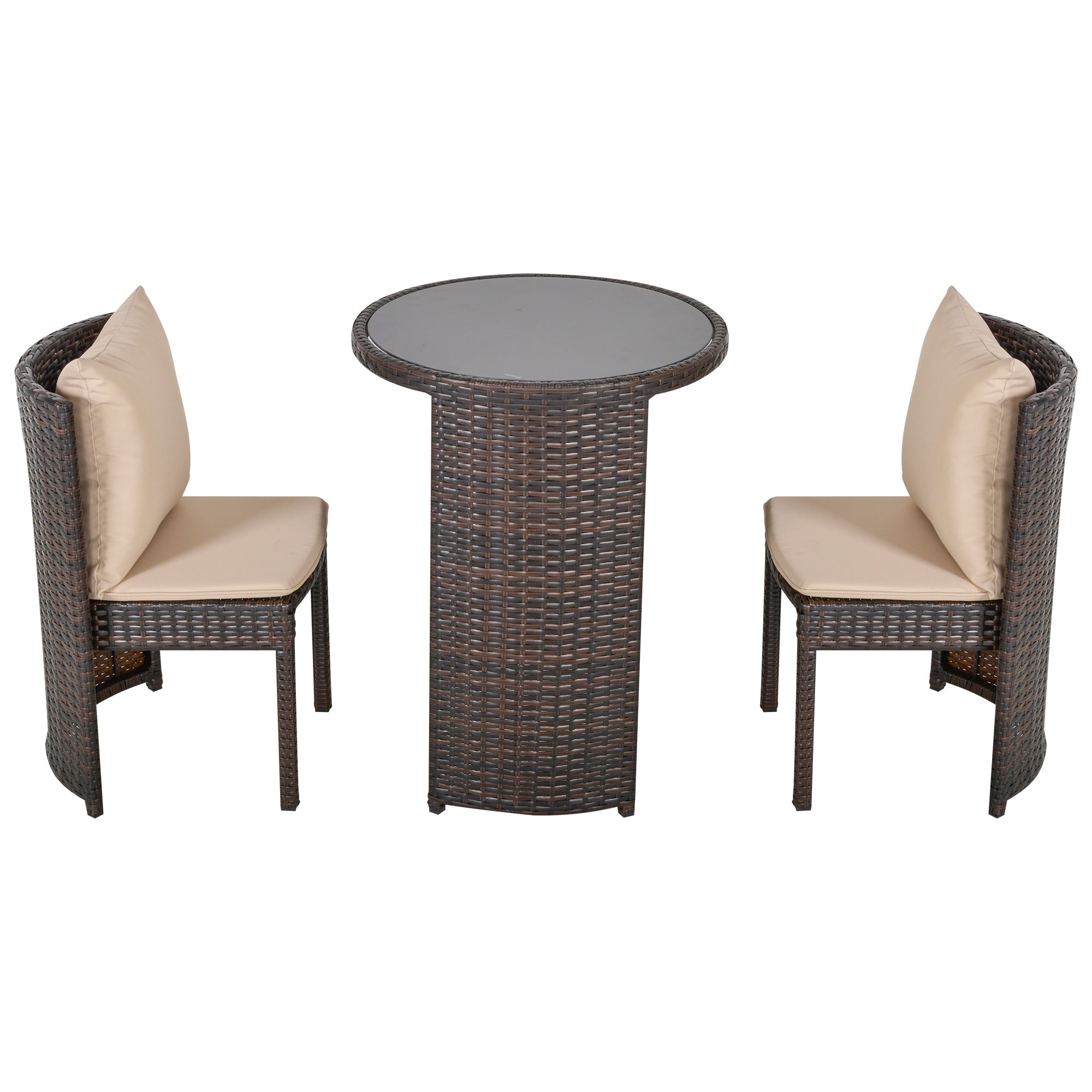 Garden or Outdoor Rattan Table and Chairs Set, 3 Pc, Brown and Beige