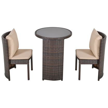 Garden or Outdoor Rattan Table and Chairs Set, 3 Pc, Brown and Beige
