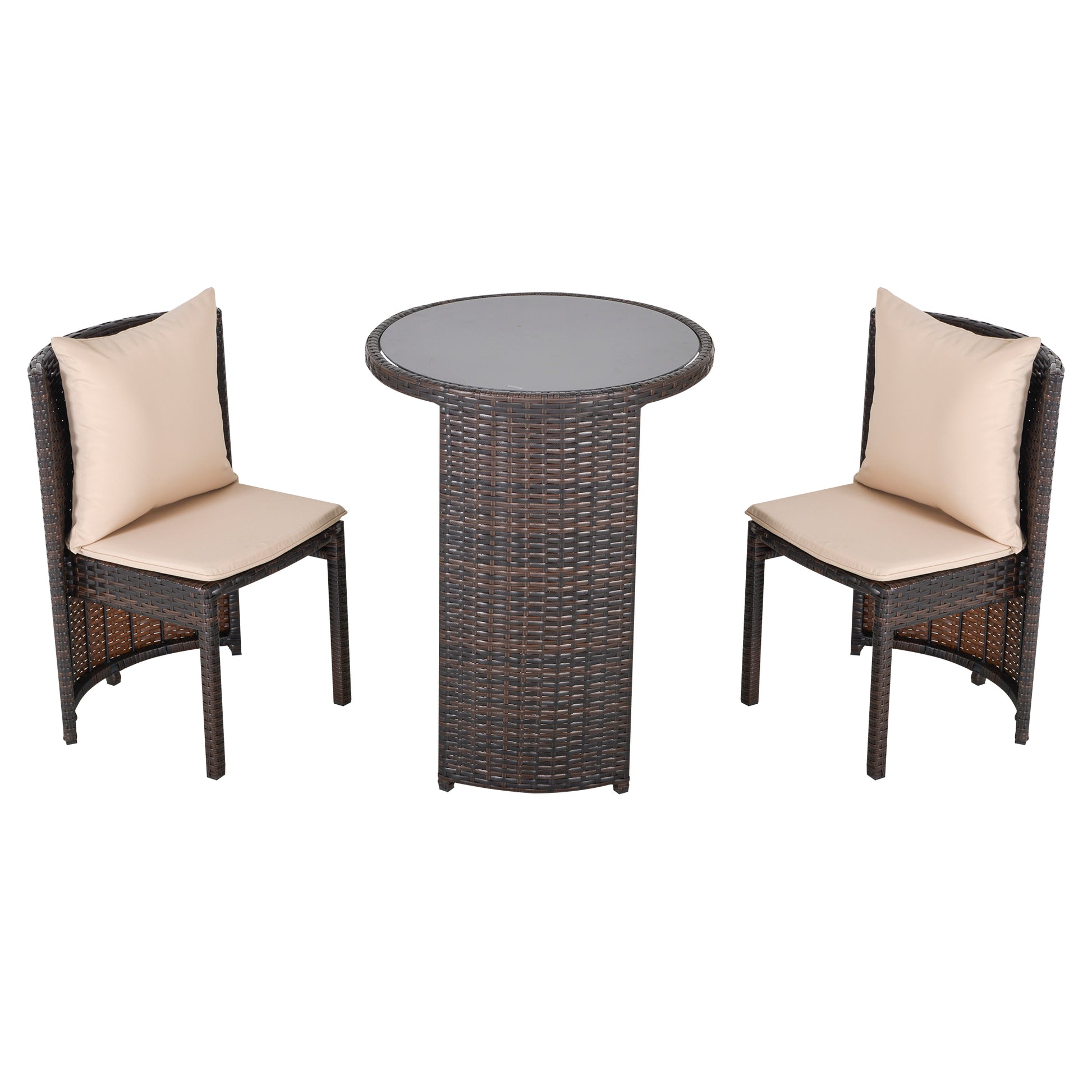 Garden or Outdoor Rattan Table and Chairs Set, 3 Pc, Brown and Beige