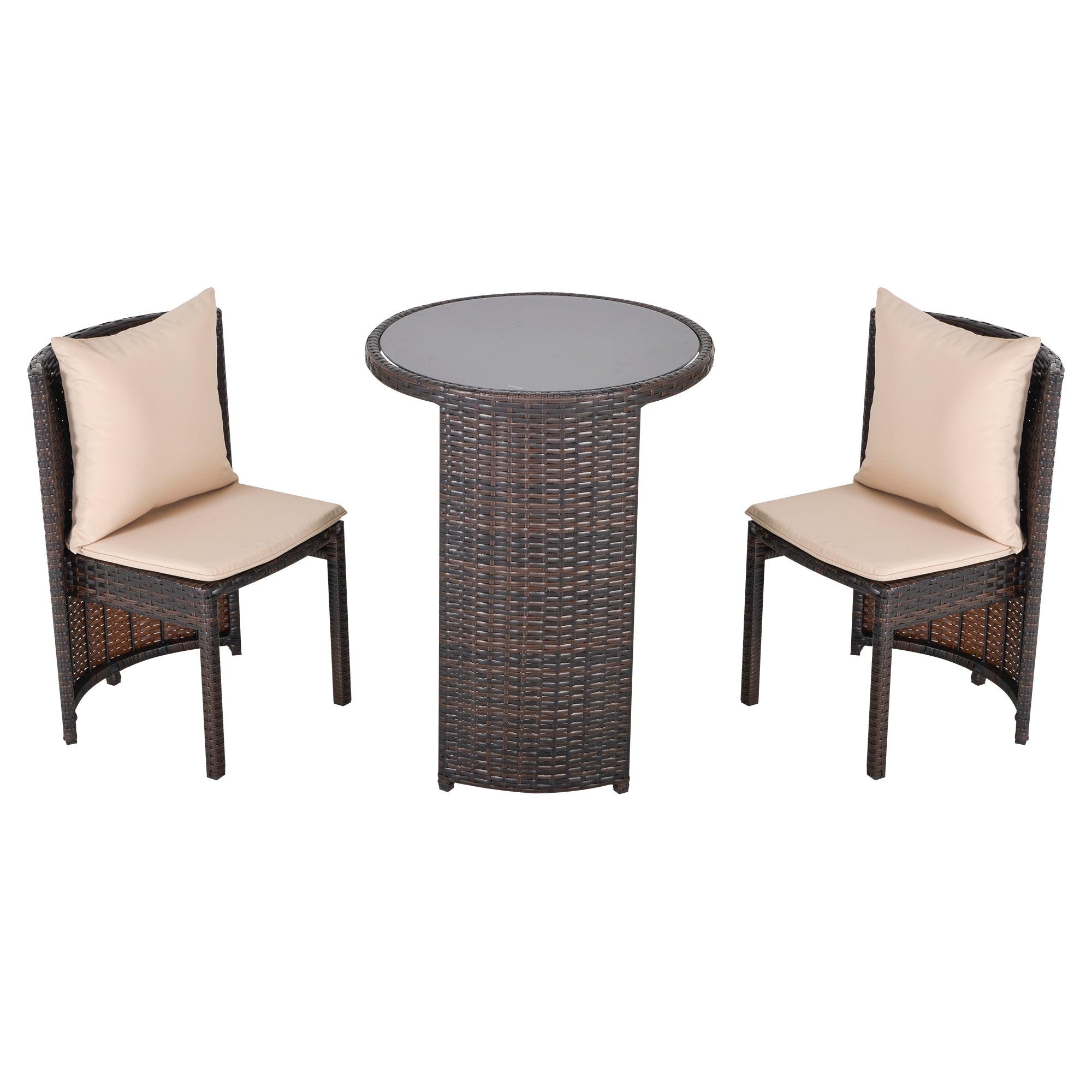 Garden or Outdoor Rattan Table and Chairs Set, 3 Pc, Brown and Beige