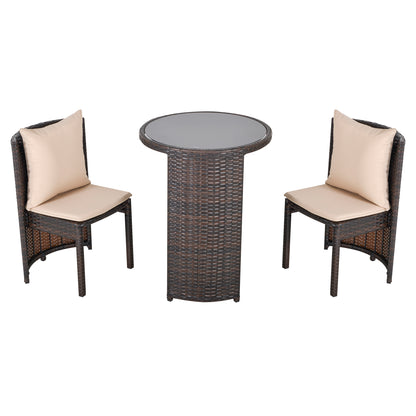Garden or Outdoor Rattan Table and Chairs Set, 3 Pc, Brown and Beige
